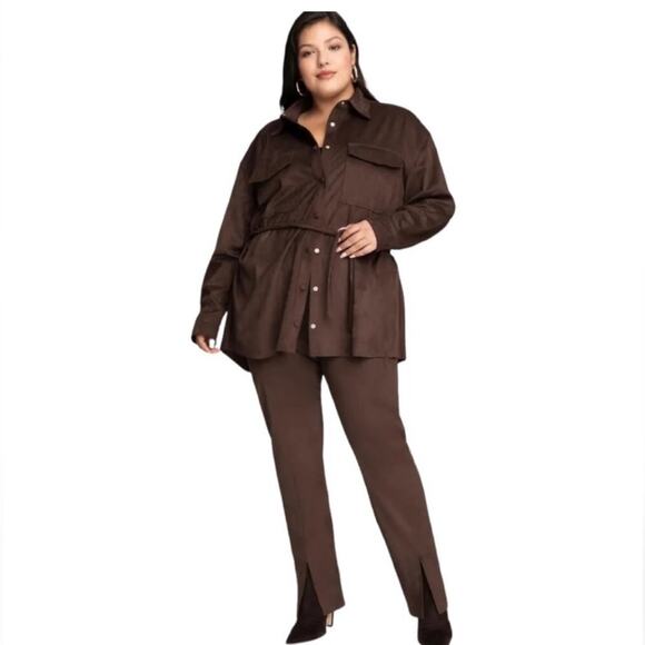 Good American Chocolate Brown Faux Suede Pant Size 8 Boss Split Hem Straight Leg - Picture 5 of 16